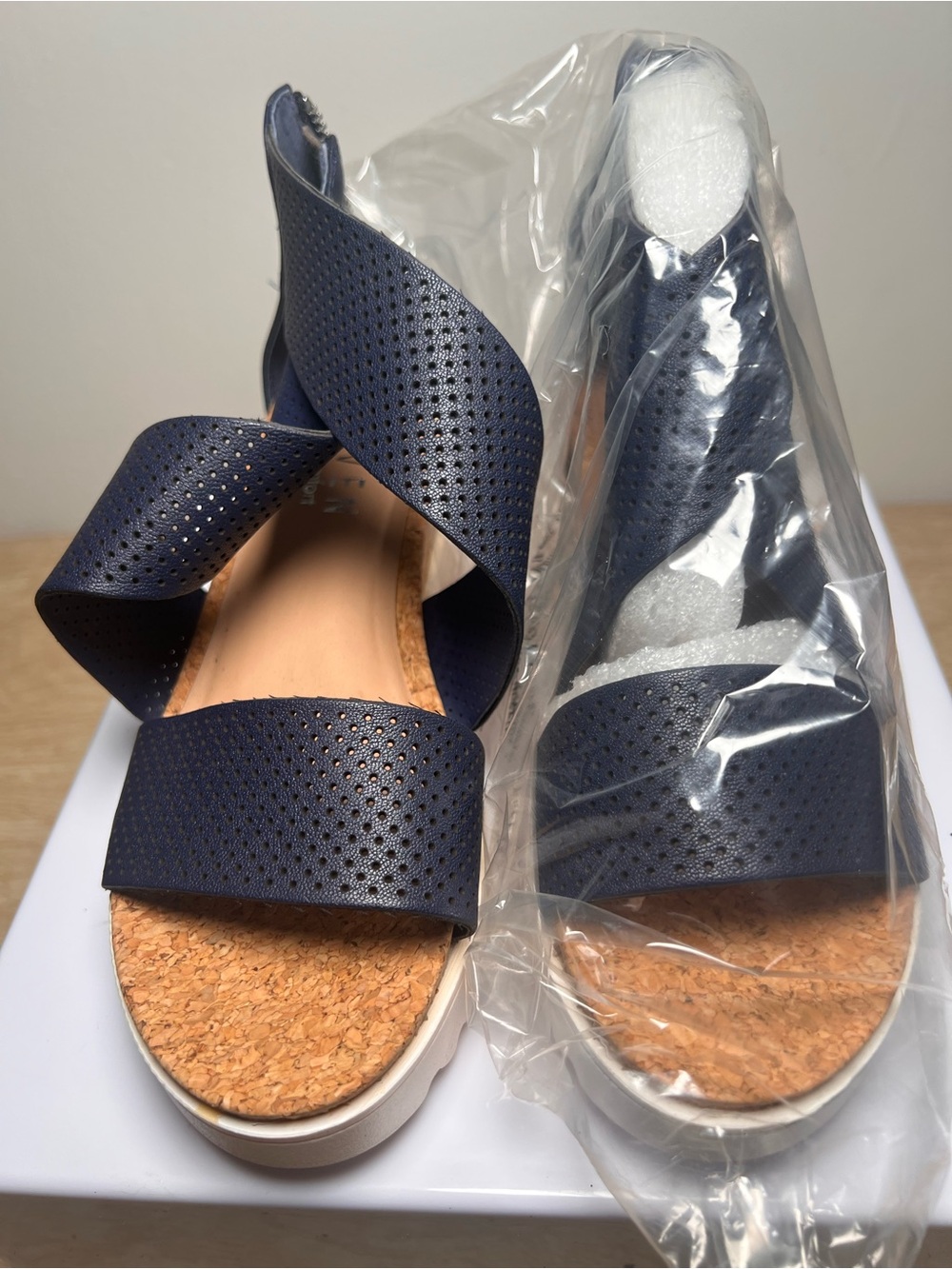 Women’s Navy Perforated Crossover Cork Sandals